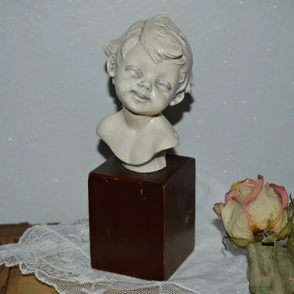 Antique Vintage Petit Resin Small Sculpture Smiling Boy Bust Decor